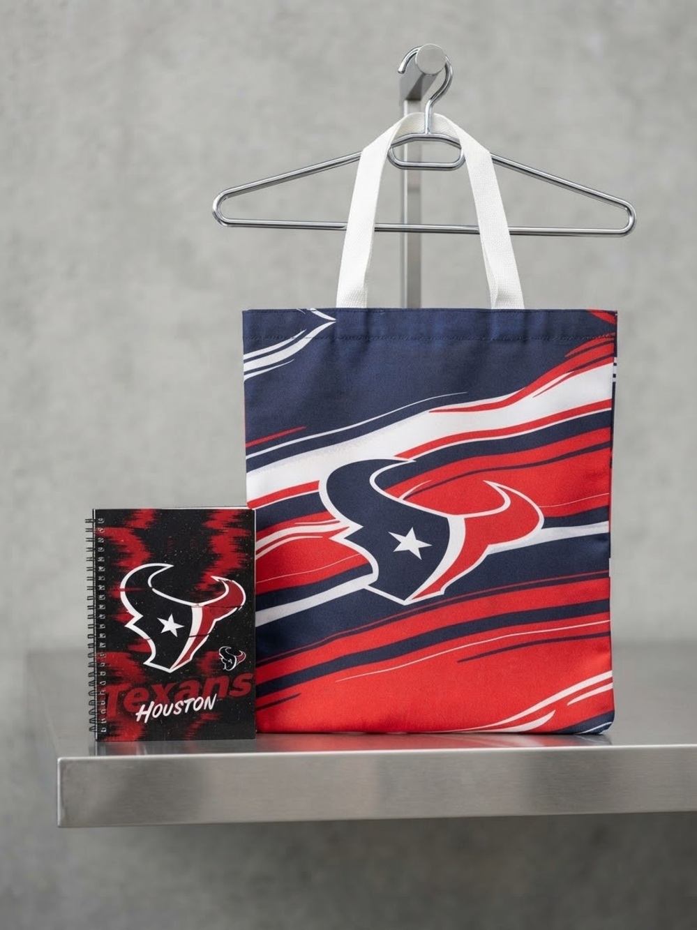 Red & Navy Tote Bag with White Handles & notebook